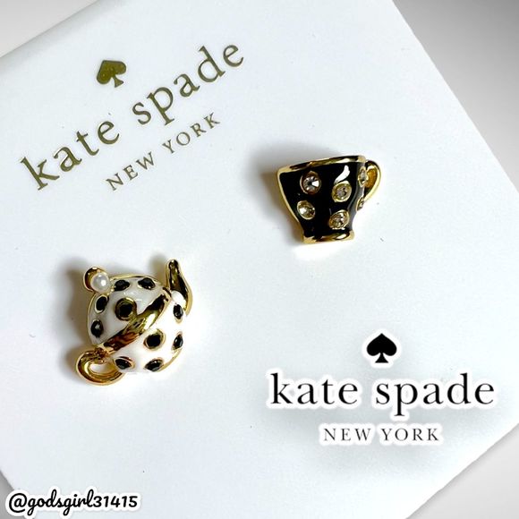 New Kate Spade 12k Gold-Plated Enamel Alice In Wonderland Teacup Earrings $58